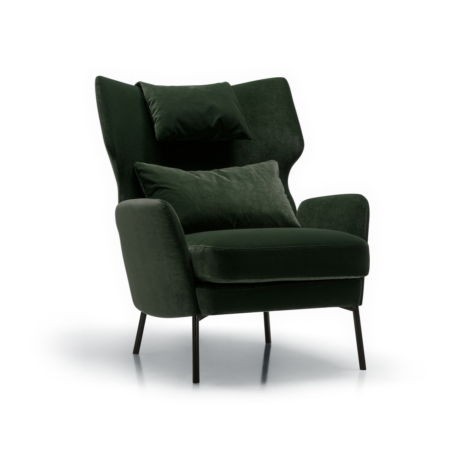 Fauteuil SITS en velours Alex coloris deep green avec pieds métal et repose-tête -  Vue latérale I Axodeco.fr